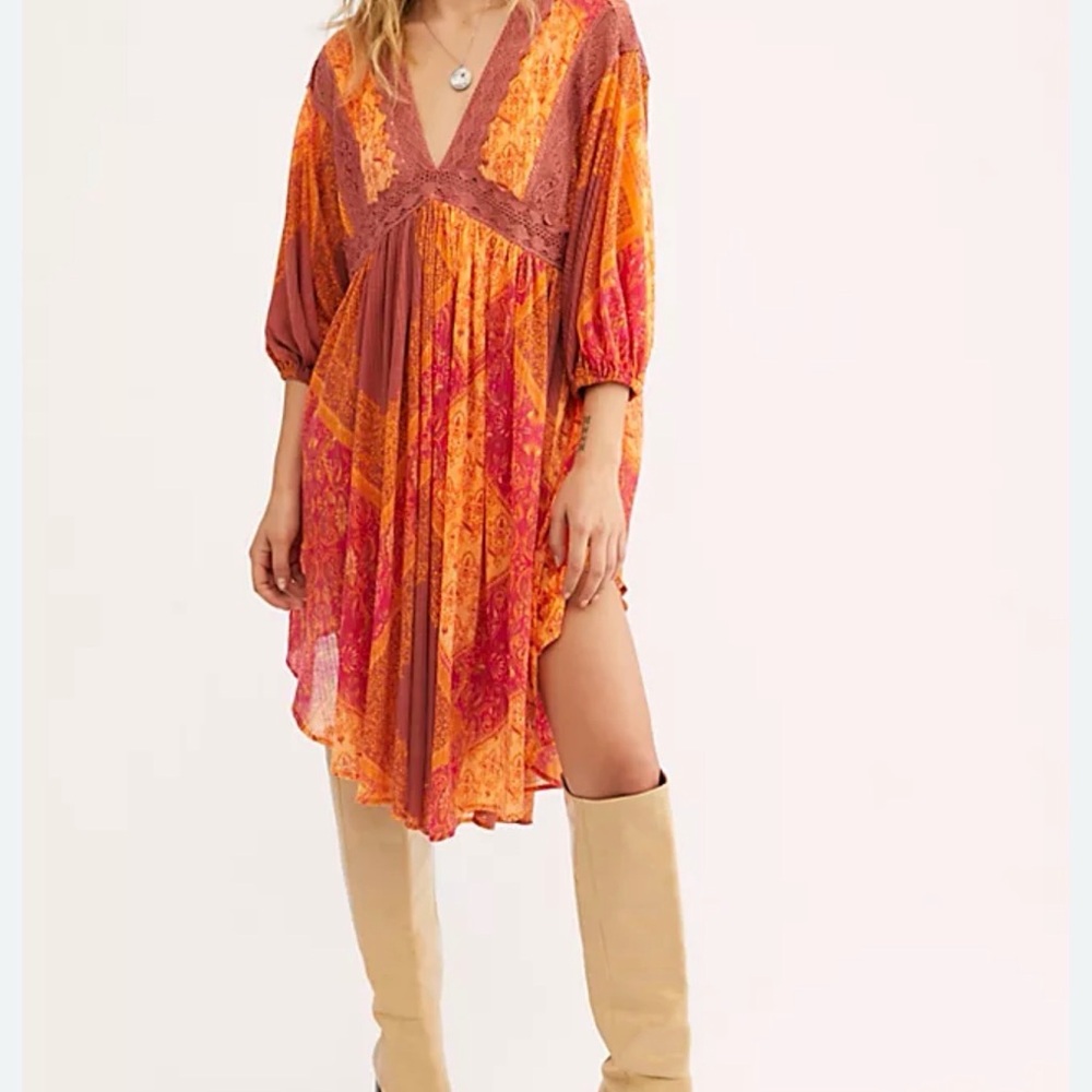 Free People Orange & Rust Boho Long Sleeve Mini Dress small oversize